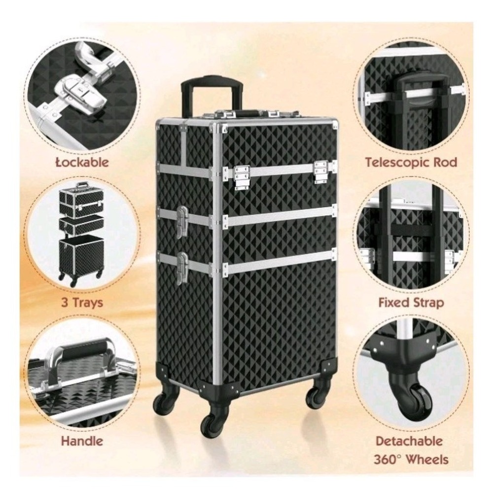 Professional Rolling Makeup Carrier/Case with Sliding Handle Lockable In Black